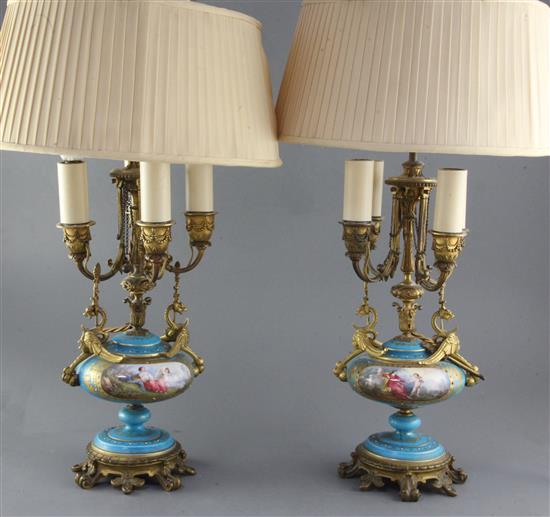 A pair of Sevres style porcelain and ormolu mounted table lamps, late 19th century, total height 60cm